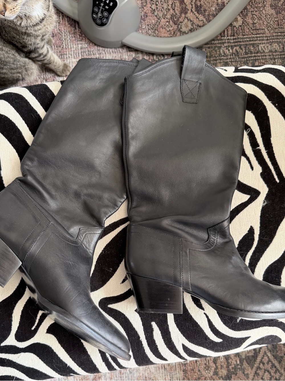 Zara Black Leather Mid-Calf Block Heel Boots